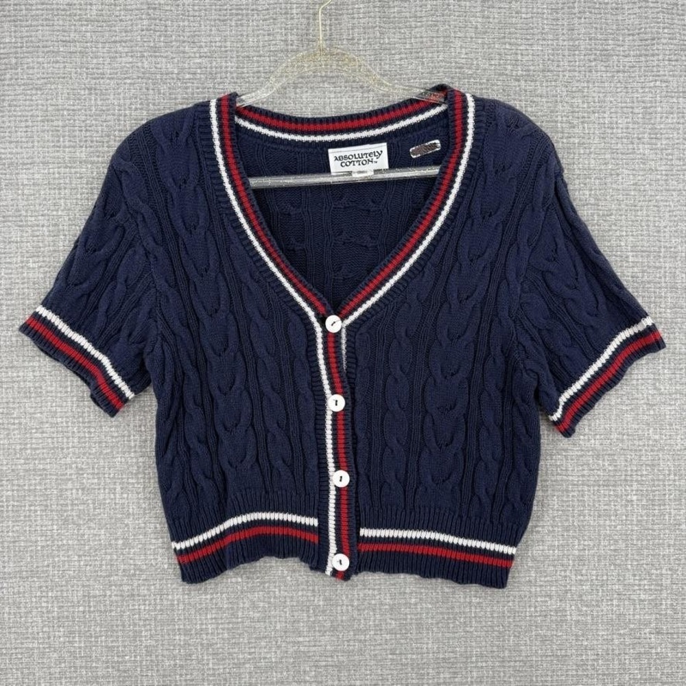 Vtg Preppy ABSOLUTELY COTTON Cardigan Womens S Blue Cable-Knit Short Sleeve